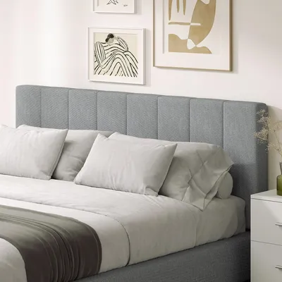 Produktbild von Bettkopfteil Leinenoptik gepolstert, Kopfteil höhenverstellbar, 3 Höhen, Grau  |  230 g/m²  |  Eukalyptusrahmen, Metallbeine  |  160 x 126 cm