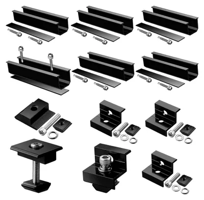 Produktbild von Solarmodul Halterung, PV Halterung Montageset zur Montage 2 Module-12cm Alu Schiene, Verstellbare Klemme für 30-35MM Module, Solarpanel Halterung Flachdach Trapezblech Ziegeldach| Schwarz