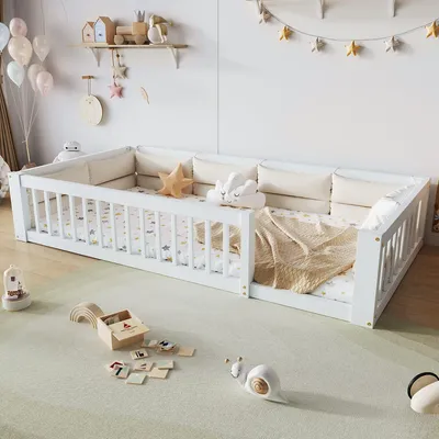 Produktbild von Flieks Kinderbett 90x200cm mit Lattenrost und Rausfallschutz, Bodenbett mit gepolsterten Rückenlehen und Kopfteil, Holzbett Einzelbett, Weiß