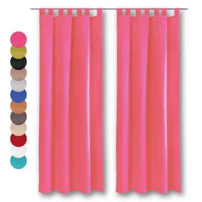 Two pink curtains with loops hanging from a rod against a white background. A color swatch palette is visible on the left.