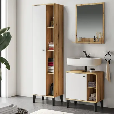 Produktbild von Badmöbel-Set 3-teilig mit Waschbeckenunterschrank 60 cm, Spiegel, Hochschrank, in Eiche mit weiß OLEAN-61