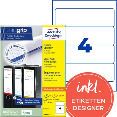 Obrázok produktu pre Avery L6061-25, Biela, Samolepiaci štítok, A4, Papája, Laserový, Permanentný