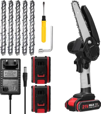 Produktbild von Kettensäge, 6 Zoll 21V Elektro-Kettensäge, Tragbare Handgeführte Akku Kettensäge, 2x Batterie 5x Kette 1x Führungsplatte und 1x Ladegerät enthalten