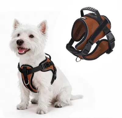 Image de Harnais réfléchissant pour chien avec poignée, anti-traction, respirant, réglable, en mesh, couleur marron, taille L