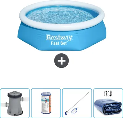 Produktbild von Bestway runder aufblasbarer Fast-Set-Schwimmpool – 244 x 61 cm – Blau – inklusive Pumpe Filter - Reinigungskit - Sonnensegel