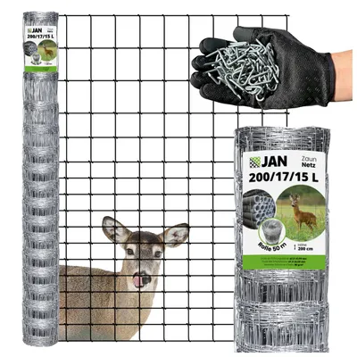 A roll of wire mesh fencing is shown next to a deer behind the mesh, with a hand holding fasteners in the upper right corner and a product label on the roll.