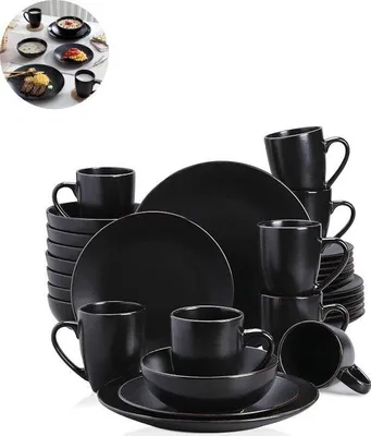 Immagine prodotto di Servizio da tavola - 32 pezzi - per 8 persone - Vetroceramica - set di piatti - piatti piani - piatti da dessert - ciotole - tazze - piattini - nero