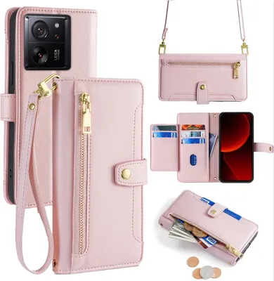 A collage of images showing a pink leather phone case with a wallet and crossbody strap.