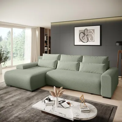 Produktbild von BEAUTYSOFA | Ecksofa BENNY L mit Schlaffunktion und Bettkasten, Bouckle Stoff in Grün – Ottomane links – Modernes Polstersofa