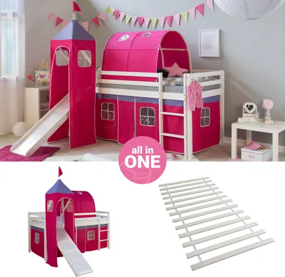Produktbild von Homestyle4u 2579, Hochbett 90x200 mit Rutsche, Turm, Tunnel, Lattenrost, Vorhang pink Kinderbett Weiß Holz Kiefer Massiv Jugendbett