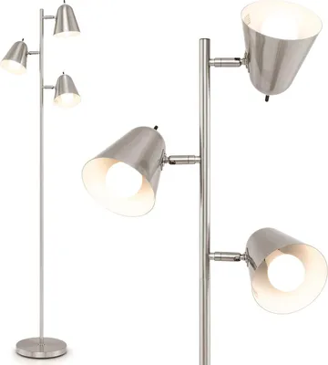 Immagine prodotto di Lampada da terra - 163 cm a 3 luci - 3x E27 - Paralumi regolabili a 360° - Base pesante - Alimentazione a batteria (ricaricabile) - Senza lampadine - Argento