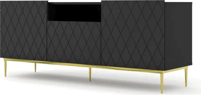 Produktbild von TV-Schrank DIUNA 2D1K 145 cm mit dekoriert Front  Lowboard, Schrank mit Rahmen, Schwarz Matt