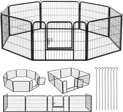 Produktbild von Juskys Welpenauslauf 160 x 160 x 60 cm – Welpenlaufstall 8-teilig aus Metall – Freigehege mit Tür – Welpengitter für Hunde, Hasen & Kleintiere