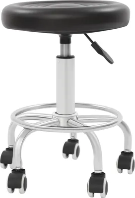 Image de Tabouret rond à roulettes - tabouret de salon et de massage - hauteur réglable - 5 roulettes - repose-pieds - charge max. 150 kg - assise Ø 33 cm, piétement Ø 35 cm - noir