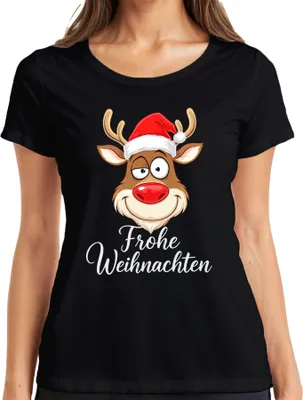 Produktbild von Frohe Weihnachten Rentier Rudolph Weihnachtsmütze Lustig Cartoon Damen T-Shirt, Schwarz, S