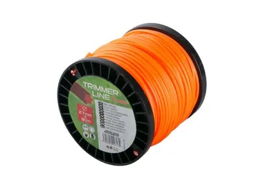 A spool of orange trimmer line on a black spool, presented against a white background.