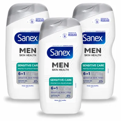 Imagen del producto de 3 unidades de gel de ducha Sanex Men Sensitive, 400 ml cada uno. Paquete económico