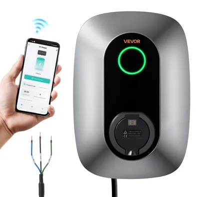 Image de VEVOR, borne de recharge pour véhicules électriques murale, 7 kW, monophasée, 230 V AC, type 2, IP54, 32 A, chargeur pour tous les véhicules électriques et hybrides rechargeables, borne de recharge intelligente avec contrôle via application et affichage LED