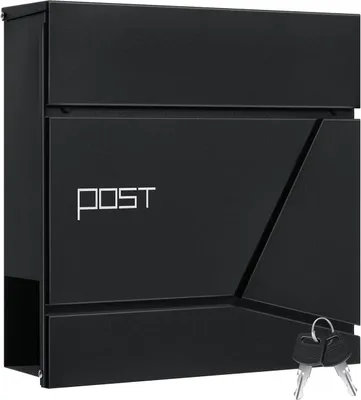 A black mailbox with the word "POST" on it and two keys in the foreground.