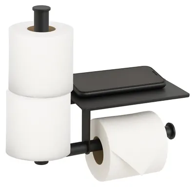 Image de Porte-papier hygiénique Relaxdays avec tablette, fixation murale sans perçage, support pour rouleaux de rechange, porte-papier hygiénique en métal, noir