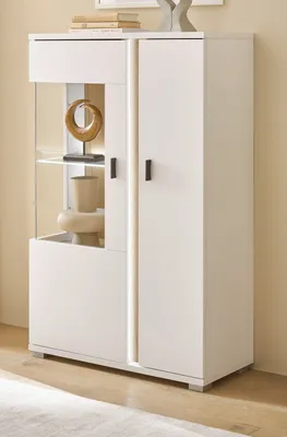 Produktbild von Vitrine "Bellport" weiß und Eiche Highboard inkl. Front-LED und Soft-Close
