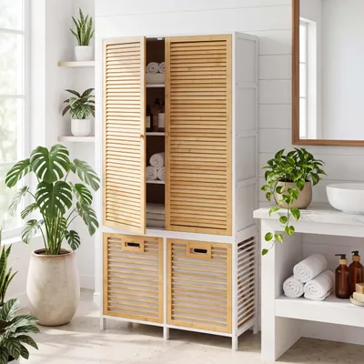 Produktbild von Bambus-Badezimmerschrank MCW-N83, Badregal Schrank, 2 Wäschekörbe 2 Türen MVG 68x82x34cm  natur-weiß, Korb natur