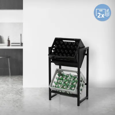 A black metal rack holding two crates of bottles, one black and one gray, in a modern interior setting.
