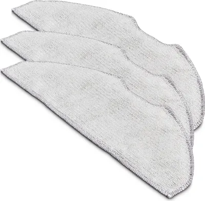 Three white mop pads are arranged diagonally on a white background.