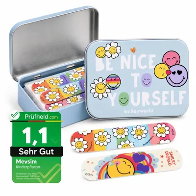 Produktbild von Smiley Kinderpflaster Lizensiertes Produkt - Metall-Box - 24 Pflaster - Schönes Design Pflaster Aufbewahrungsbox für Kinder - 1 Box