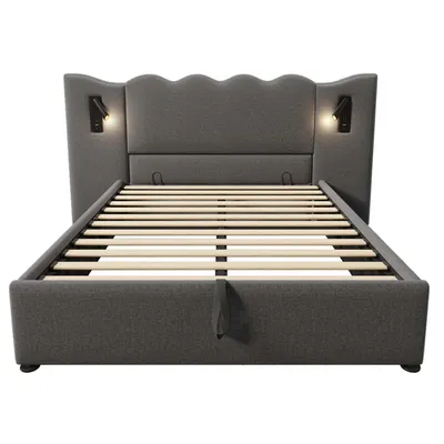 Produktbild von Flieks Hydraulisches Polsterbett 160x200cm mit Ladefunktion und Leselampe, Stauraumbett Doppelbett Boxspringbett mit Lattenrost, Leinen, Grau