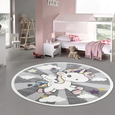 Zdjęcie produktu dla Dywanik dziecięcy Dywanik dziecięcy z tęczą jednorożca w kolorze szaro-kremowym Rozmiar - 120 cm Okrągły