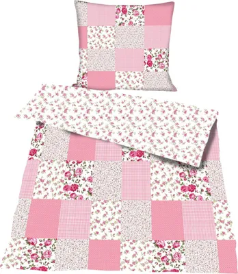 Produktbild von Bettwäsche rosa Baumwolle Patchwork Print 2 teilig 135x200 80x80 cm