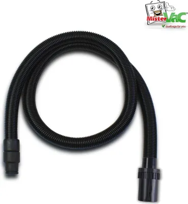 A black vacuum cleaner hose is coiled on a white background, with a logo in the upper right corner.