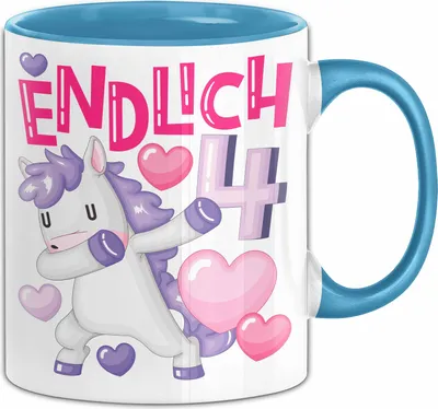 Produktbild von 4. Geburtstag Geschenk Tasse Becher Mädchen Einhorn Geburtstagsgeschenk Tochter Endlich 4 (Blau)