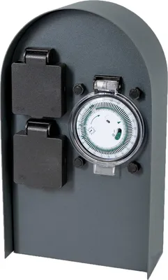 Produktbild von Grafner Edelstahl Design Gartensteckdose mit Zeitschaltuhr 2 Steckdosen, anthrazit, ON/AUTO, 3600 Watt, Pulverbeschichtung, Energiesäule Timer Mehrfach Metall Außen Steckdose 2-Fach schwarz lackiert