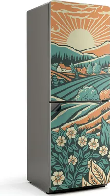 Zdjęcie produktu dla Ilustracja wschodu słońca na łące - magnetyczna osłona na lodówkę - magnetyczna osłona na lodówkę - magnes na lodówkę - samoprzylepna tablica magnetyczna - folia magnetyczna na drzwi lodówki - 70x190 cm