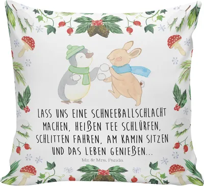 Produktbild von Mr. & Mrs. Panda kuschelkissen 40x40 Pinguin Hase Schneeballschlacht - Weiß - Geschenk, Sofa Kissen, Couchkissen, Sofakissen, Deko, Weihnachten