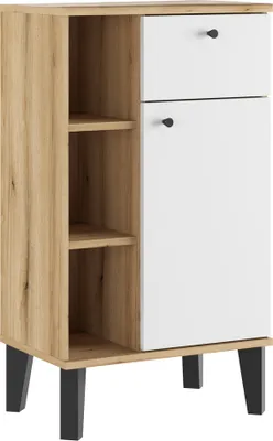 Produktbild von Badezimmer-Unterschrank 51 cm breit in Eiche mit weiß, mit 1 Tür, 3 offene Fächer OLEAN-61