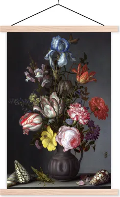 Produktbild von MuchoWow® Textilposter Blumen in einer Vase mit Muscheln und Insekten - Balthasar van der Ast 60x90 cm mit holzfarbenen Rahmen - Textil