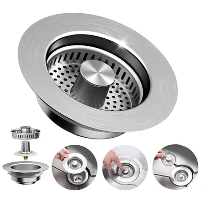 Produktbild von Sieb Spülbecken,3 in 1 Abflusssieb,304 Edelstahl Pop-Up Abflussstopfen Küchenspüle,Spülbecken Sieb für Spülbecken Bohrung 75-86 mm,Tiefe > 40 mm