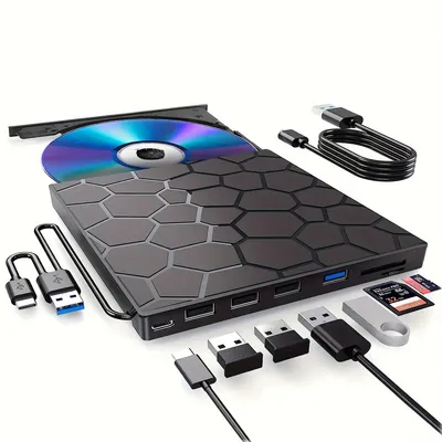 Produktbild von Externe DVD Laufwerke, USB 3.0 und Typ-C Portable Burner Reader, Portable Externer DVD Player für Laptop Desktop PC, 15.4x14.3x1.4cm