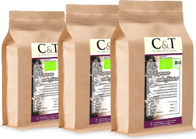 Produktbild von C&T Biologischer Espresso Crema | Cafe entkoffeiniert 100 % Arabica 3x1000 g ganze Bohnen Gastro-Sparpack im Kraftpapierbeutel