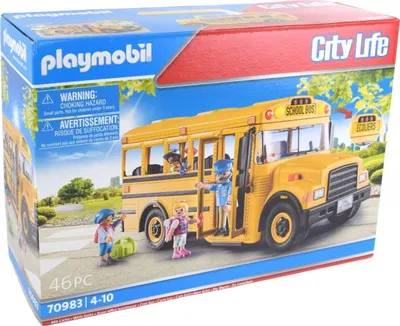 A Playmobil school bus playset box.