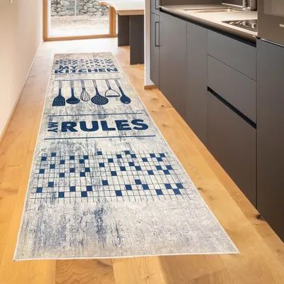 Zdjęcie produktu dla Zmywalny dywanik kuchenny z motywem przyborów kuchennych i napisem, wymiary: 80 x 300 cm
