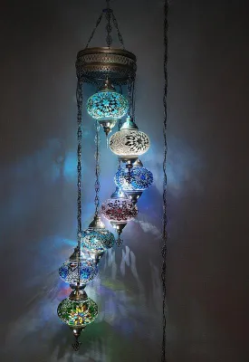 Obrázek produktu pro Turecká mozaiková závěsná lampa – ručně vyrobený marocký lustr se 7 žárovkami, vícebarevný, patice E14