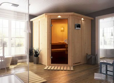 Produktbild von Karibu Sauna Innensauna Jarin Eckeinstieg Ofen 9 kW  externe Strg easy 210x210x202 cm mit Dachkranz mit Bronzierte Tür