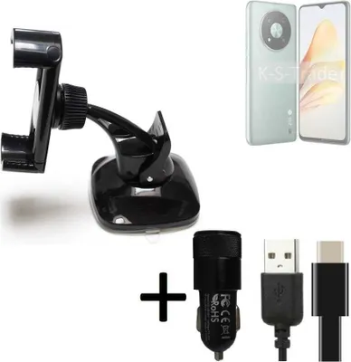 Produktbild von K-S-Trade Handy-Halterung kompatibel mit ZTE XiaoXian 50 Windschutzscheibe / Armaturenbrett + LADEGERÄT mit Mico USB Kabel Autohalterung