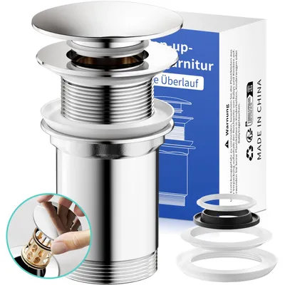 Produktbild von Ablaufgarnitur G11/4 für Waschbecken, Ablaufgarnitur aus Messing, Pop-up-Ablaufventil für Standardwaschbecken, Waschbeckenstöpsel mit Haarfilter (Chrom, ohne Überlauf)