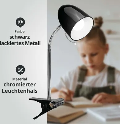 Produktbild von Schreibtischlampe Tischleuchte mit Schwanenhals zum Klemmen schwarz/chrom Sockel E27 L112xH350mm