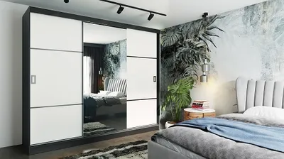Produktbild von FurMeb24 Schiebetrenschrank RETRO 3 -200x205cm Kleiderschrank mit Spiegel, 3-triger Schiebeschrank (Graphit Antrazit /Weiss + Spiegel und Beschl€ge)